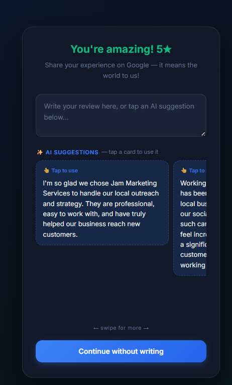 AI review suggestions page showing tap-to-use review templates for 5-star Google reviews